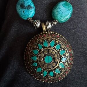 Vintage Tibetan Nepal Turquoise and Coral Boho Tribal Ethnic Necklace Pendant